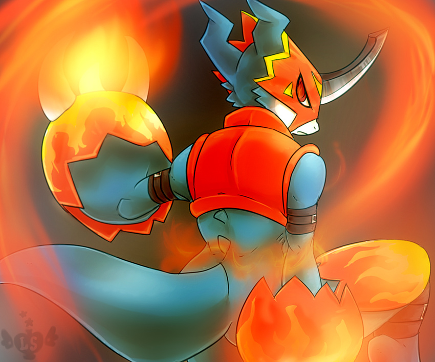 anthro armor digimon digital_media_(artwork) fire flamedramon leather_straps looking_at_viewer looking_back lovespell male rear_view scalie sognature solo