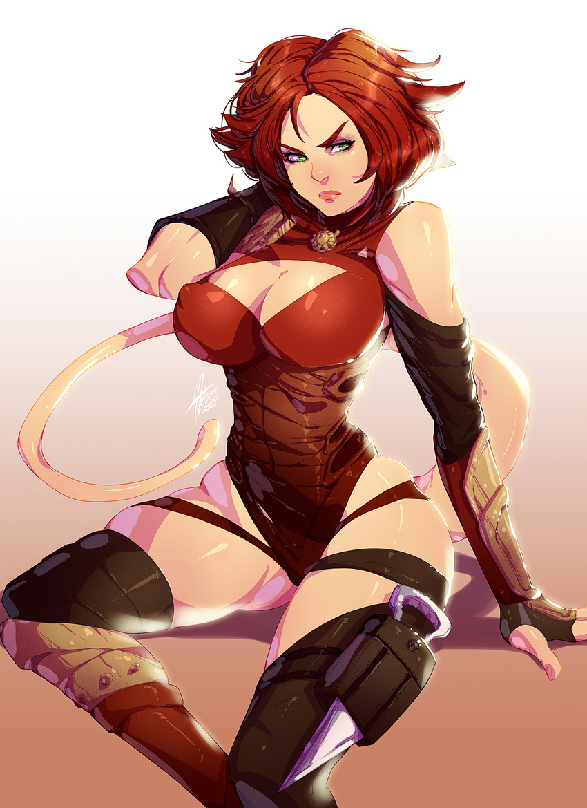 absurdres annah-of-the-shadows armor breasts cleavage dagger green_eyes highres jamadhar large_breasts leotard planescape:_torment red_hair red_leotard solo tail thighhighs weapon xdtopsu01