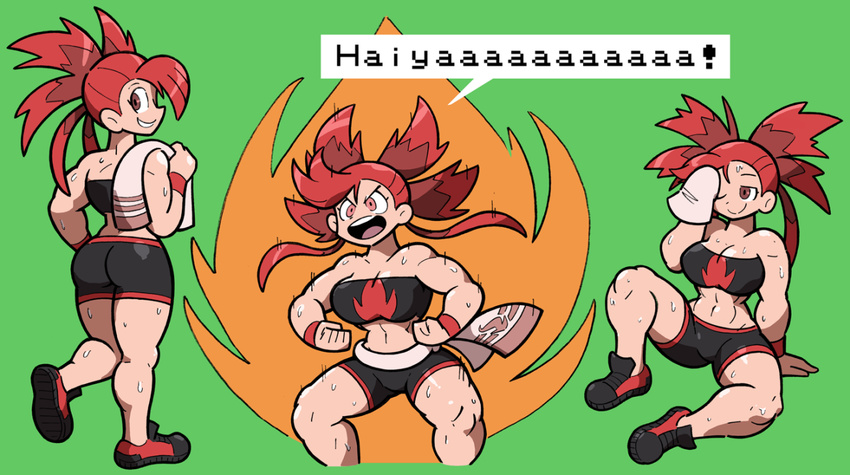 1girl abs ass asuna_(pokemon) breasts brown_hair cleavage female gym_leader looking_back muscle nintendo open_mouth pokemon pokemon_(game) pokemon_rse red_eyes red_hair shenanimation shorts simple_background sweat thick_thighs towel tubetop