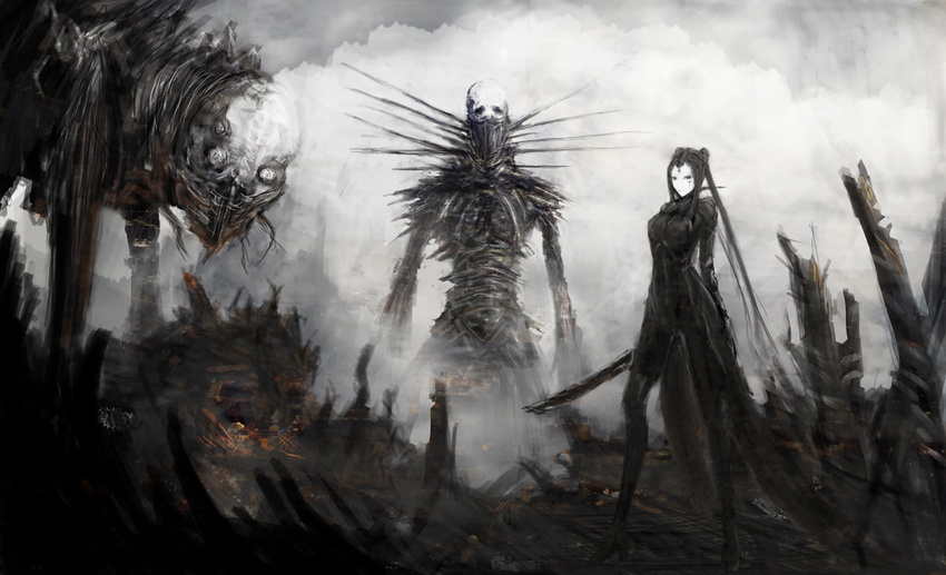 auto black_hair blame! blon cloud cloudy_sky commentary davine_lu_linvega long_hair looking_at_viewer pcell ruins silicon_creature sky standing sword weapon