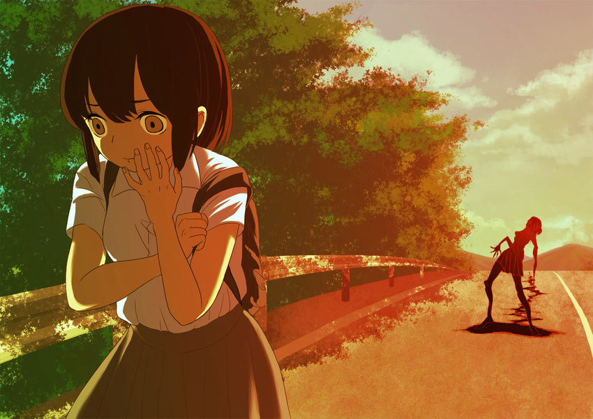 backlighting backpack bad_id bad_pixiv_id bag blood blood_trail brown_eyes brown_hair clenched_hand cloud hill monster monster_girl multiple_girls nakakore original plant pleated_skirt road school_uniform short_hair skirt sky tree