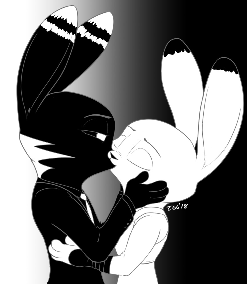 2018 anthro black_background clothed clothing dipstick_ears disney duo ear_markings facial_markings female fur_markings gradient_background greyscale hand_on_cheek jack_savage judy_hopps kissing lagomorph male male/female mammal markings monochrome necktie rabbit side_view signature simple_background suit tggeko white_background zootopia