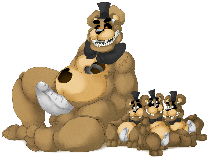 animatronic anthro balls barefoot bear bow chubby claws cute erection five_nights_at_freddy's five_nights_at_freddy's_4 foursome fronnie glowing glowing_eyes group group_sex hat looking_down looking_up machine male male/male mammal mini_freddy_(fnaf) nightmare_freddy_(fnaf) nude open_mouth penis robot sex sharp_teeth simple_background sitting size_difference smile spread_legs spreading teeth thick_penis toe_claws video_games white_background