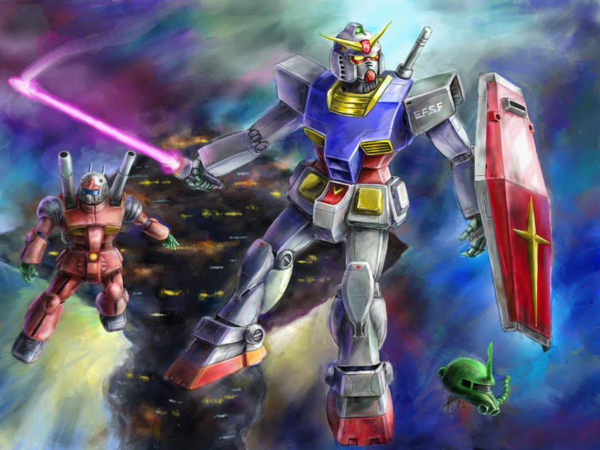 energy_sword guncannon gundam mecha mobile_suit_gundam poteto335 rx-78-2 severed_head shield space sword weapon zaku zaku_ii