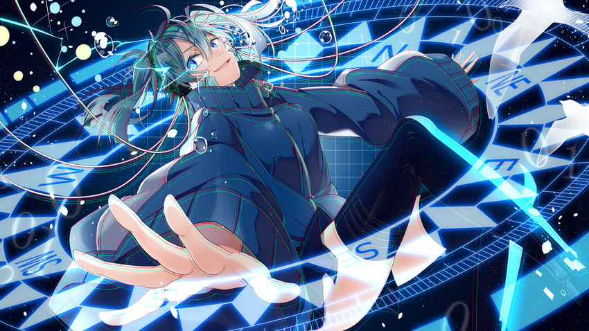 air_bubble bad_id bad_pixiv_id bangs black_legwear black_skirt blue blue_eyes blue_hair blue_jacket breasts bubble cable compass_rose digital_dissolve ene_(kagerou_project) ene_no_dennou_kikou_(vocaloid) facial_mark floating floating_hair headphones highres jacket kagerou_project long_hair long_sleeves medium_breasts miniskirt missing_limb open_hands outstretched_arms pleated_skirt sideways_glance skirt sleeves_past_wrists smile solo spread_fingers thighhighs track_jacket turtleneck twintails yuki_(t128) zipper