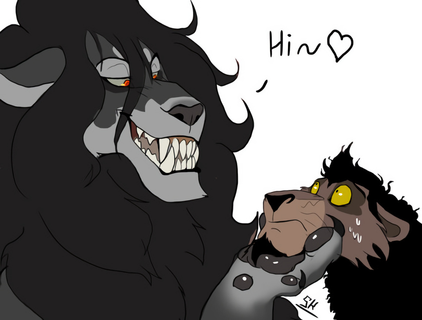 &lt;3 alucard bedroom_eyes brown_body claws crossover disney eye_contact feline grey_body half-closed_eyes hellsing holding holding_face lion male mammal nervous nuka pawpads rape_face sharp_teeth silverkitsu size_difference sweat teeth the_lion_king