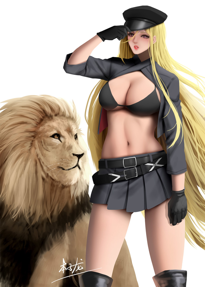 animal belt bishamonten_(noragami) black_bikini_top black_footwear black_gloves blonde_hair blush boots breasts brown_eyes cleavage gloves hand_on_headwear hat highres large_breasts lion lips long_hair looking_at_viewer navel noragami original parted_lips pleated_skirt shrug_(clothing) skirt solo standing white_background zyl