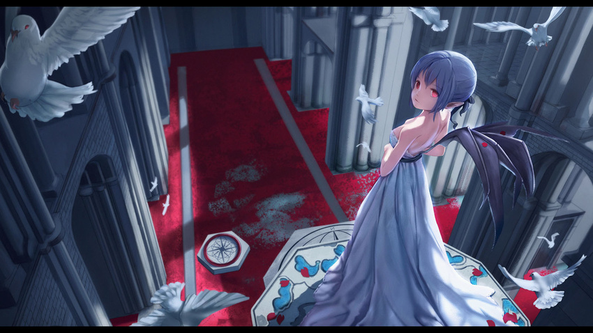 alternate_hairstyle bad_id bad_pixiv_id bare_arms bare_shoulders bat_wings bird building carpet dove dress hair_ribbon highres indoors long_dress looking_at_viewer petals pointy_ears pupil_g purple_hair red_eyes remilia_scarlet ribbon short_hair solo touhou white_dress wings