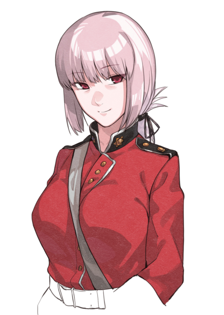 1girl belt between_breasts black_ribbon braid breasts closed_mouth eyebrows_visible_through_hair fate/grand_order fate_(series) florence_nightingale_(fate/grand_order) hair_ribbon highres jacket long_hair long_sleeves looking_at_viewer muchi_maro pink_hair red_eyes red_jacket ribbon simple_background smile solo strap_cleavage upper_body white_background