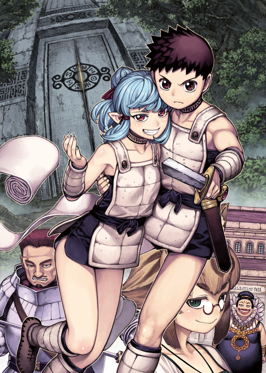 2boys 3girls armor beard black_hair blonde_hair blue_hair blue_nails bracer breasts choker collarbone facial_hair glasses green_eyes grin hamada_yoshikazu highres holding kagami_kazuya kiriha_(tsugumomo) long_hair looking_at_viewer multiple_boys multiple_girls musical_note nail_polish pointy_ears ponytail purple_hair red_eyes slit_pupils smile teeth tsugumomo