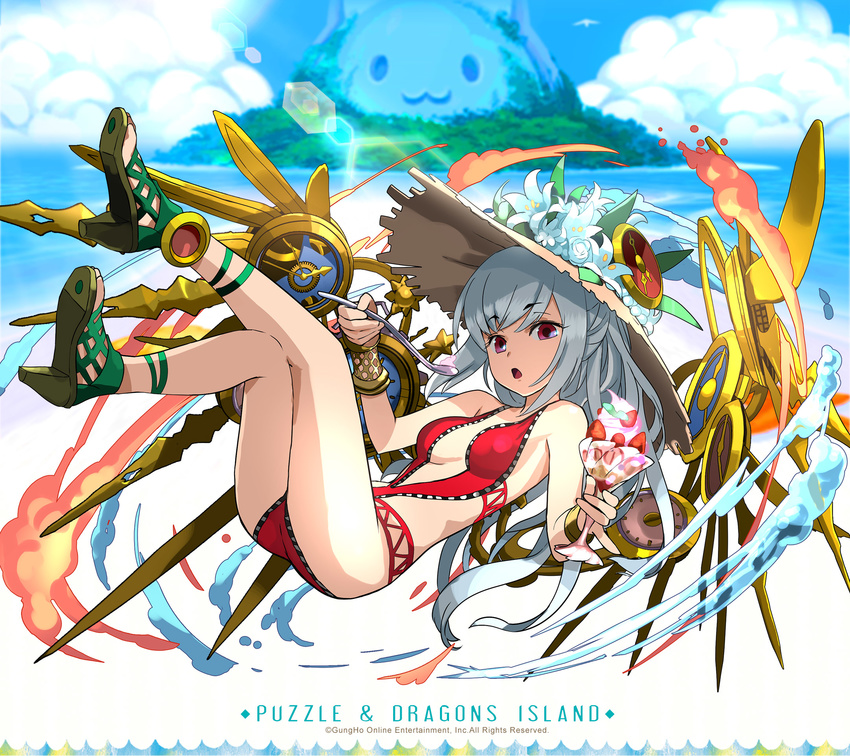 :o adachi_yousuke clock day full_body gears hat high_heels highres long_hair mechanical_wings official_art one-piece_swimsuit pink_eyes puzzle_&amp;_dragons red_swimsuit silver_hair simple_background solo sun_hat swimsuit urd_(p&amp;d) white_background wings