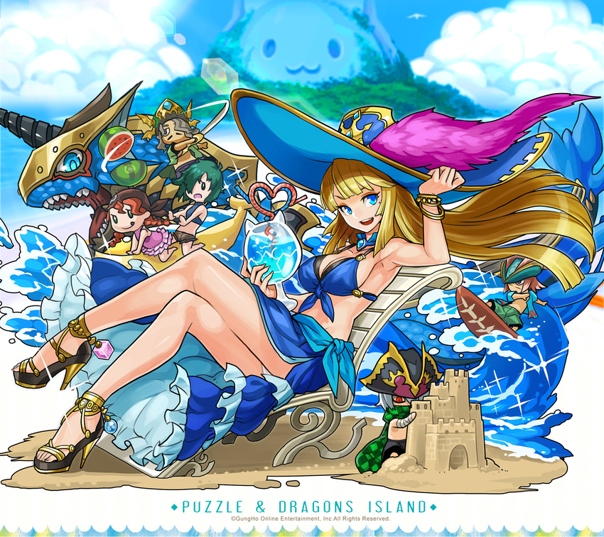 3girls :d anne_&amp;_mary_(p&amp;d) awilda_(p&amp;d) bartholomew_(p&amp;d) beach bikini blackbeard_(p&amp;d) blonde_hair blue_bikini blue_eyes breasts captain_kidd_(p&amp;d) chibi cleavage crossed_legs day dragon hat high_heels highres hino_shinnosuke large_breasts long_hair multiple_boys multiple_girls official_art open_mouth pirate_hat puzzle_&amp;_dragons sand_castle sand_sculpture simple_background sitting smile solo_focus star sun_hat surfboard swimsuit tamadra water waves white_background