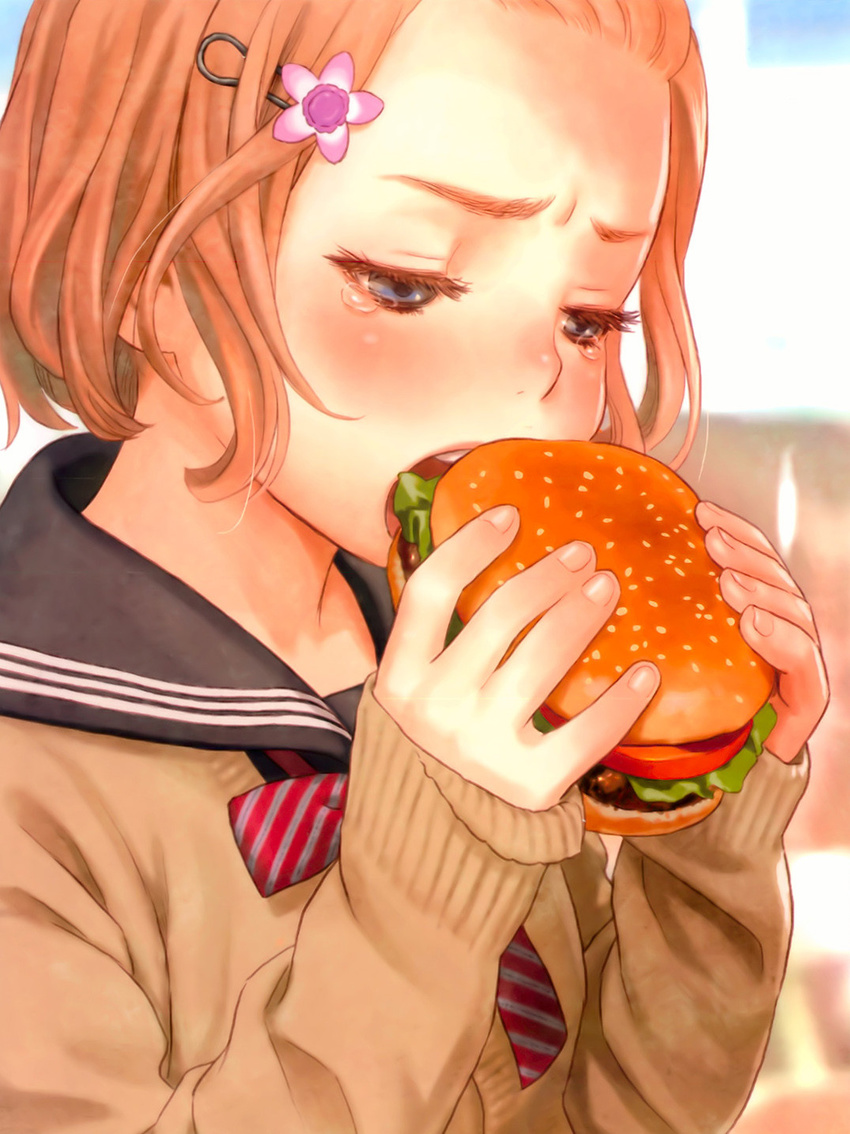 blue_eyes blush child cropped crying eyelashes food forehead furrowed_eyebrows futuregraph gradient gradient_background hair_ornament hairclip hairpin hamburger holding holding_food murata_renji open_mouth orange_hair ribbon sailor_collar school_uniform serafuku short_hair solo striped_ribbon tears