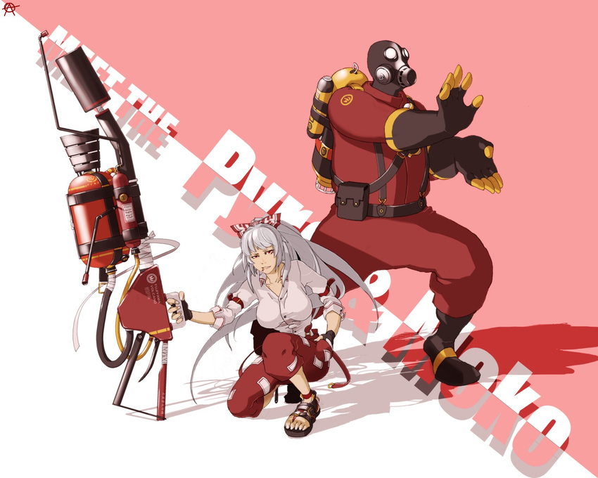 1girl bow cigarette circle_a crossover flamethrower fujiwara_no_mokou gas_mask hadouken hair_bow highres long_hair one_knee red_eyes ribbon sandals silver_hair smoking suspenders team_fortress_2 the_pyro touhou wallpaper weapon