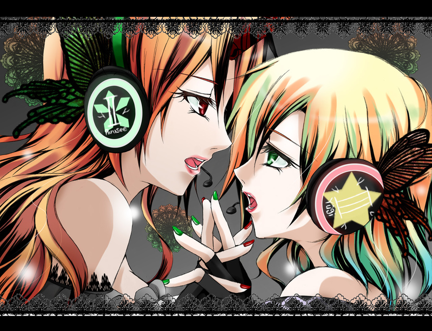 bad_id bad_pixiv_id blonde_hair butterfly_hair_ornament eye_contact face-to-face green_eyes green_nails hair_ornament hazuki_kasane headphones horn hoshiguma_yuugi long_hair looking_at_another magnet_(vocaloid) mizuhashi_parsee multiple_girls nail_polish parody red_eyes red_nails short_hair touhou vocaloid yuri