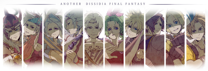 armor bandana bandanna blonde_hair blue_eyes brown_eyes brown_hair butz_klauser cecil_harvey cloud_strife dissidia_final_fantasy final_fantasy final_fantasy_i final_fantasy_ii final_fantasy_iii final_fantasy_iv final_fantasy_ix final_fantasy_v final_fantasy_vi final_fantasy_vii final_fantasy_viii final_fantasy_x frioniel green_hair grey_hair headband helmet highres long_hair long_image onion_knight oomori purple_eyes short_hair squall_leonhart tidus tina_branford violet_eyes warrior_of_light white_hair wide_image zidane_tribal