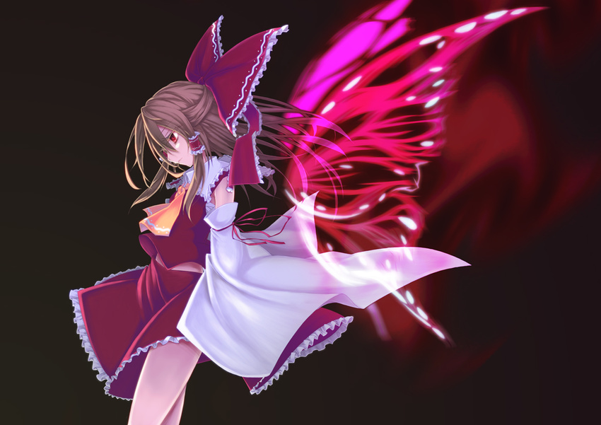 bad_id bad_pixiv_id bow brown_hair butterfly_wings collaboration_request colored_eyelashes colorized detached_sleeves expressionless eyelashes hakurei_reimu half_updo large_bow profile red_eyes short_hair solo touhou vi_(ena0930) wings