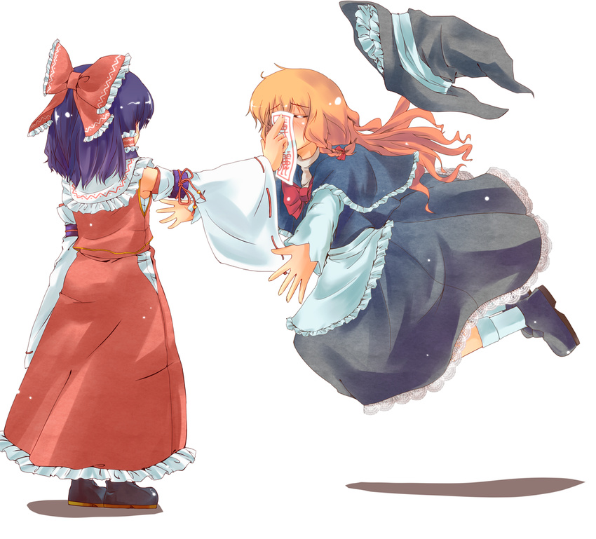 aioi_aoi blonde_hair bow braid detached_sleeves failure glomp hair_bow hakurei_reimu hat hat_removed headwear_removed hug in_the_face kirisame_marisa large_bow multiple_girls ofuda rejection ribbon touhou witch_hat yuri