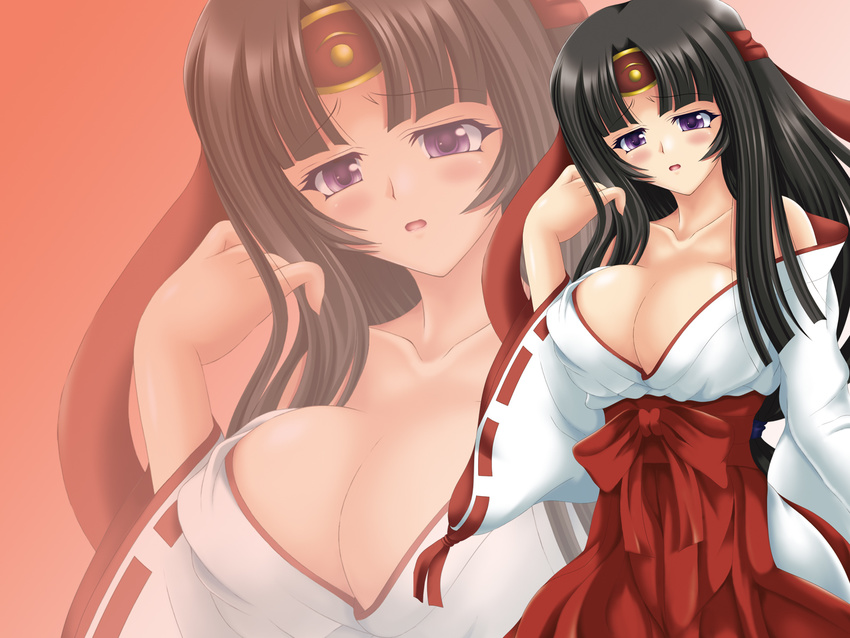 bad_id bad_pixiv_id black_hair blush breasts cleavage headband highres huge_breasts japanese_clothes long_hair miko nagimasa open_mouth purple_eyes queen's_blade solo tomoe zoom_layer