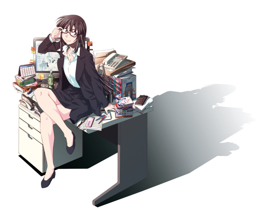 1girl asai_(asumithi) black_skirt brown_hair business_suit collared_shirt dress_shirt formal full_body glasses high_heels kine-san_no_1-ri_de_cinema kine_machiko legs_crossed long_hair looking_at_viewer miniskirt office_lady official_art pencil_skirt purple_eyes red-framed_eyewear shirt side_slit skirt skirt_suit smile solo suit teacher