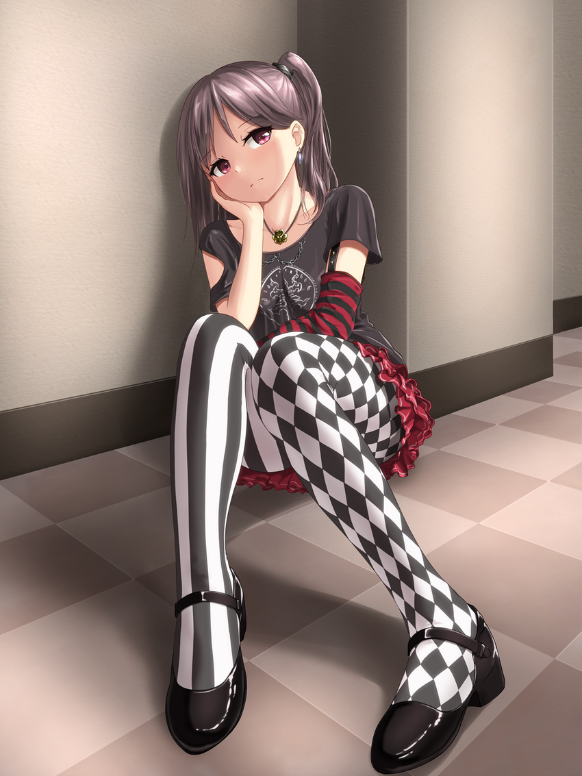 argyle argyle_legwear bad_id bad_pixiv_id banned_artist brown_eyes brown_hair checkered checkered_floor collarbone detached_sleeves earrings eyebrows_visible_through_hair frilled_skirt frills highres jewelry leaning looking_at_viewer mary_janes minagiku mismatched_legwear necklace original pantyhose pink_eyes pleated_skirt shoes side_ponytail sitting skirt solo striped striped_legwear vertical-striped_legwear vertical_stripes