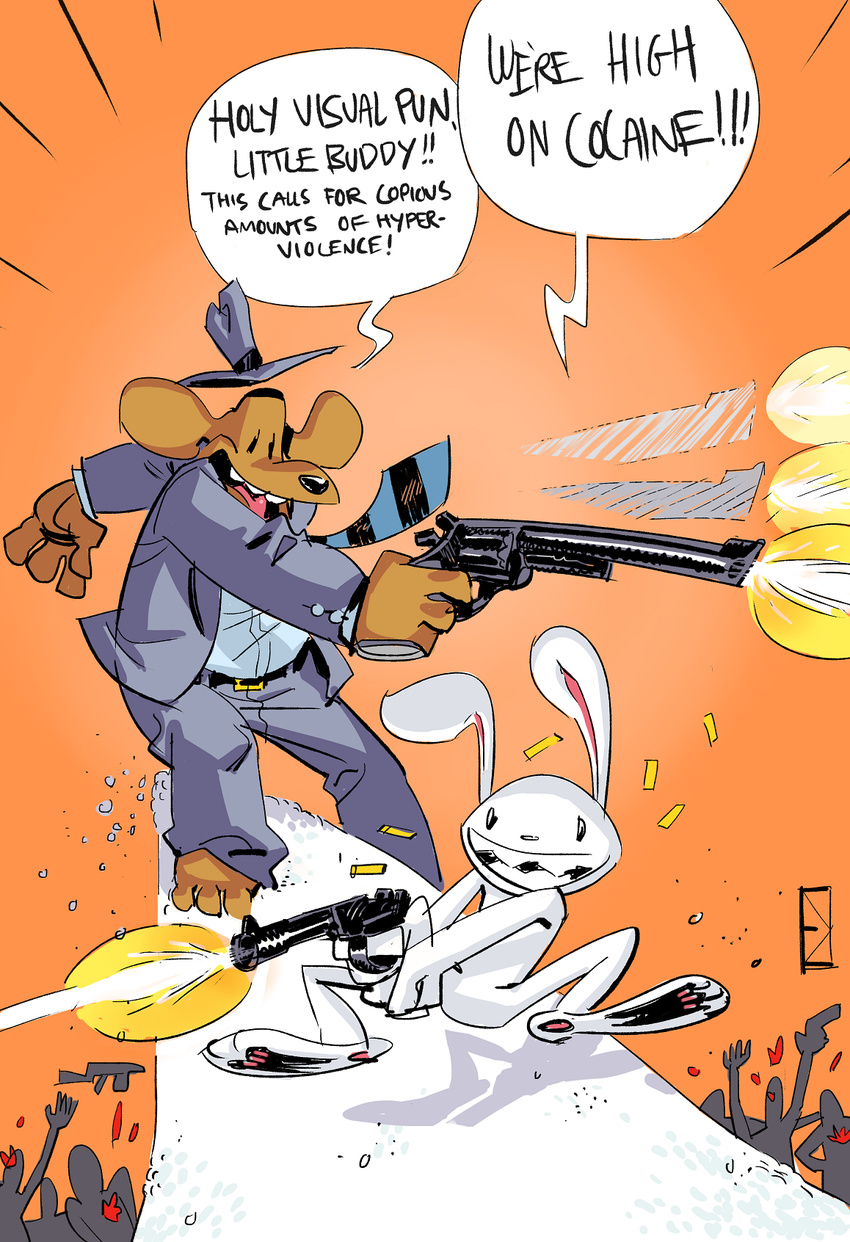 blood canine cocaine dog drugs duo english_text gun hat humor lagomorph male mammal max_(sam_and_max) necktie pun rabbit ranged_weapon sam_(sam_and_max) sam_and_max silhouette smile sosnuly text violence weapon