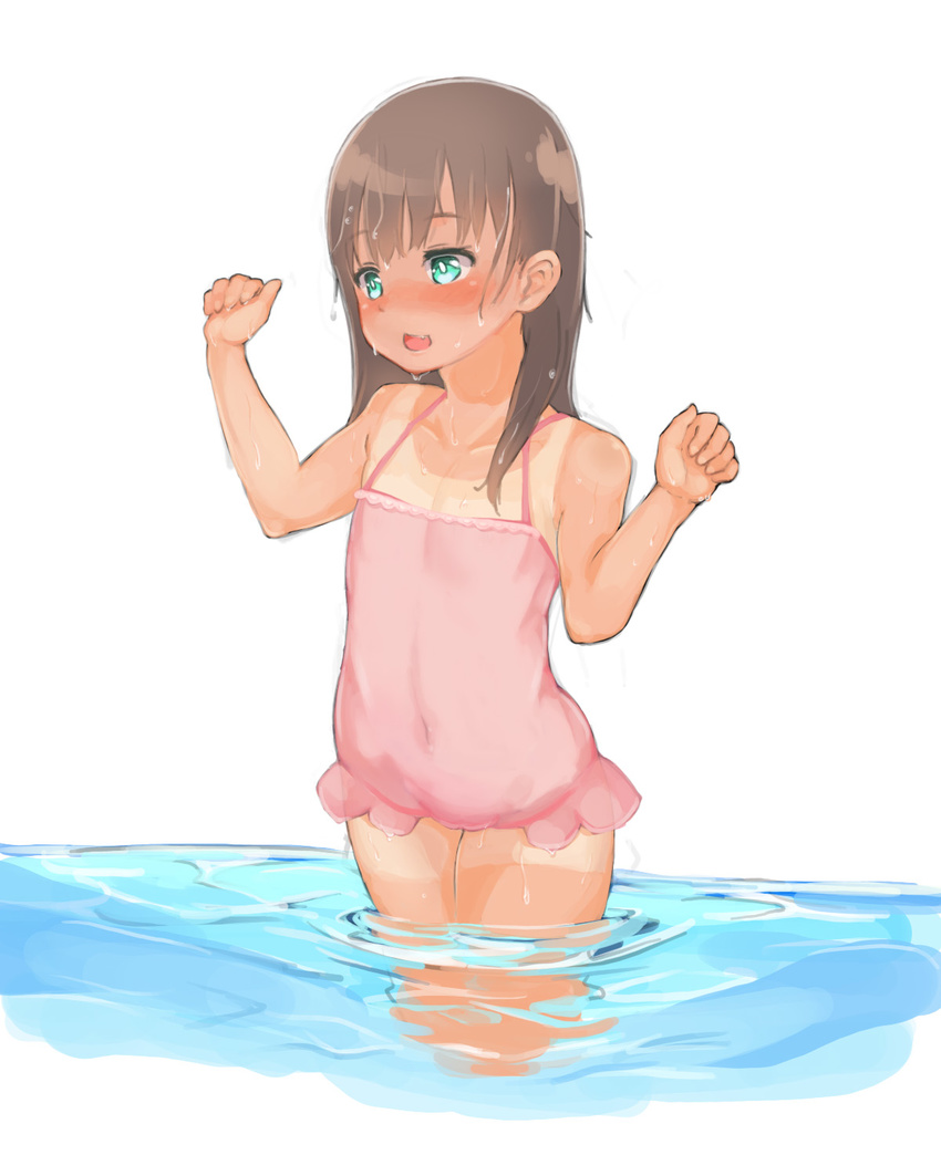 arms_up blush brown_hair child covered_navel fang green_eyes highres long_hair megane_chuu one-piece_swimsuit open_mouth original pink_swimsuit simple_background solo swimsuit tan tanline wading water wet white_background