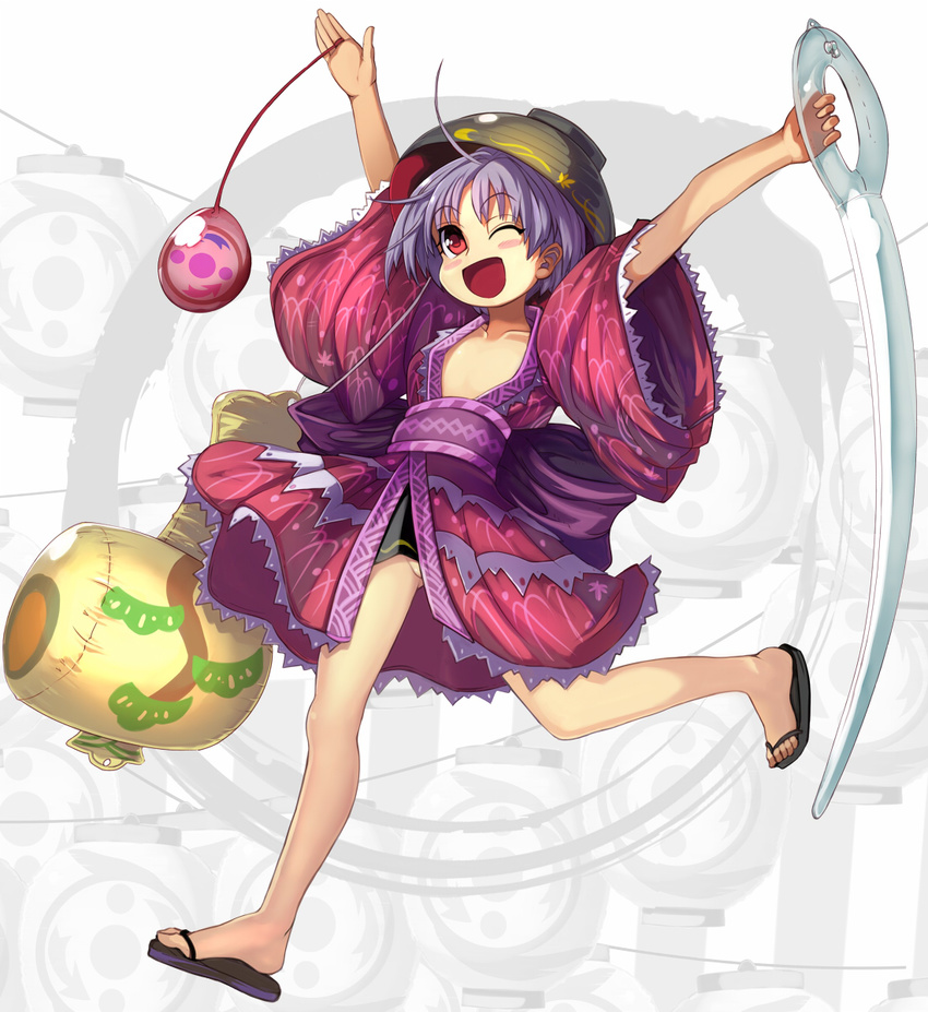 ;d ahoge arms_up ass_visible_through_thighs blush_stickers bowl bowl_hat convenient_censoring flat_chest flip-flops hat highres holding_needle inflatable_toy japanese_clothes kimono miracle_mallet needle no_bra no_panties obi one_eye_closed open_mouth purple_hair red_eyes sandals sash shope short_hair smile solo sukuna_shinmyoumaru touhou