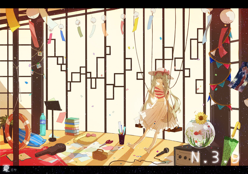 alternate_costume aqua_hair bad_id bad_pixiv_id bag barefoot blonde_hair book book_stack bottle bow cable collarbone confetti crop_top cup fireworks fish fishbowl flower goldfish handbag hat hat_bow hatsune_miku horizontal_stripes indoors instrument_case japanese_clothes kagamine_len kagamine_rin kimono kinokohime letterboxed lifebuoy light_brown_hair light_particles long_hair microphone midriff music_stand navel open_book paper pennant photo_(object) pillow plant potted_plant rug scissors shadow shirt skirt string_of_flags striped striped_shirt sun_hat sunflower sunlight swing twintails umbrella very_long_hair vocaloid white_skirt wind_chime window_shade yukata