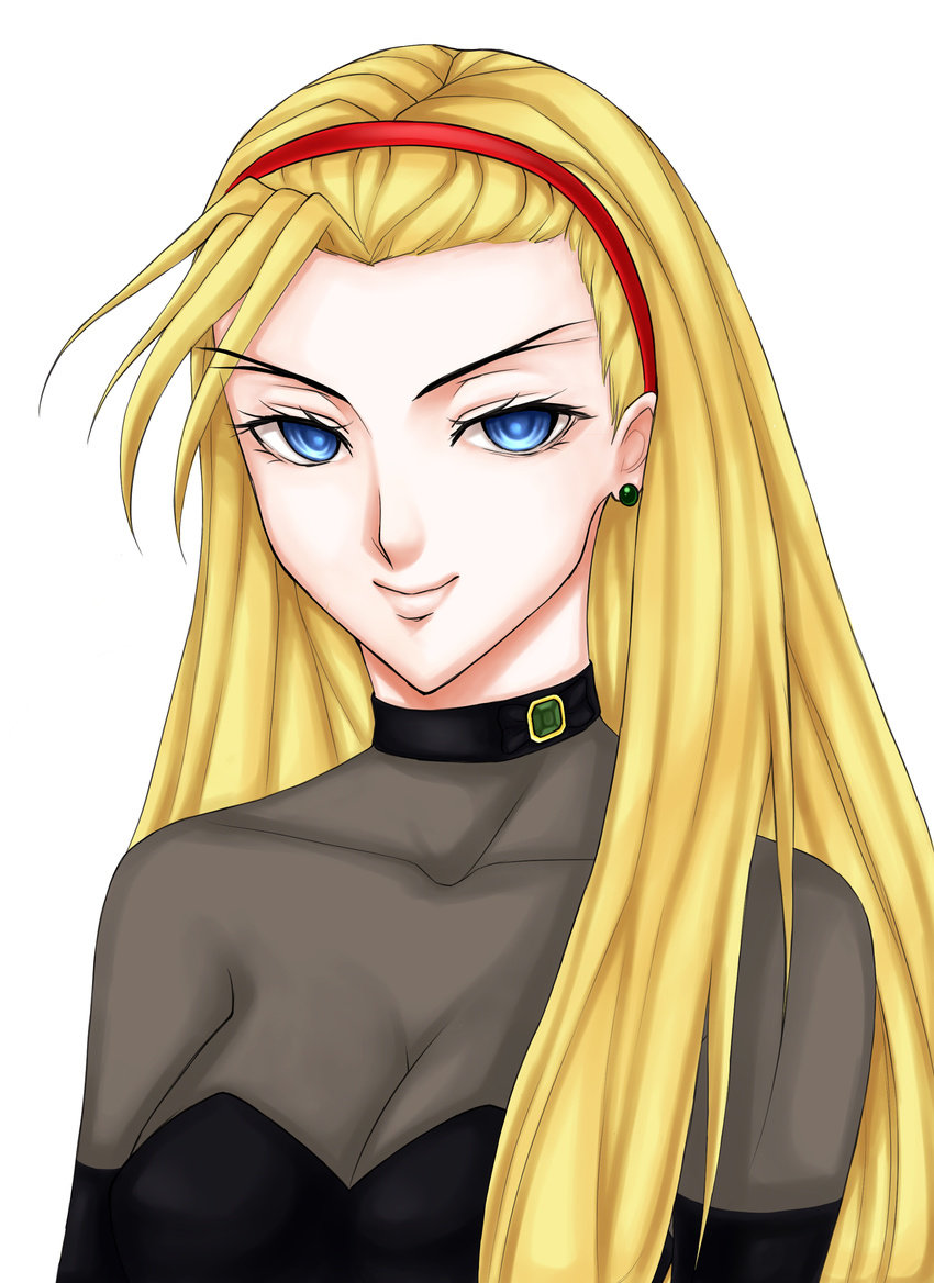 absurdres alternate_costume black_dress blonde_hair blue_eyes breasts choker cleavage dorothy_catalonia dress earrings elbow_gloves eyebrows forked_eyebrows gem gloves gundam gundam_wing hairband highres jewelry kthovhinao_virmi long_hair portrait see-through smile solo