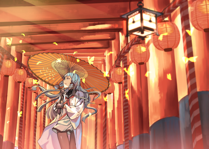 bangs black_legwear blunt_bangs dress fujita_(condor) fushimi_inari_taisha gloves hair_ribbon holding holding_umbrella japanese_clothes kantai_collection kimono lantern light_rays long_hair long_sleeves looking_away looking_to_the_side multiple_torii murakumo_(kantai_collection) neckerchief open_clothes open_kimono oriental_umbrella pantyhose paper_lantern ribbon sailor_collar sailor_dress school_uniform serafuku sidelocks silver_hair solo sunbeam sunlight thigh_gap thighband_pantyhose torii tress_ribbon umbrella