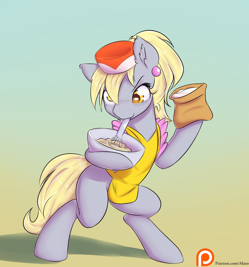 2015 alasou apron baking bipedal blonde_hair bowl derpy_hooves_(mlp) ear_piercing equine female feral flour friendship_is_magic fur grey_fur hair hat horse mammal mouth_hold my_little_pony piercing pony solo whisk yellow_eyes