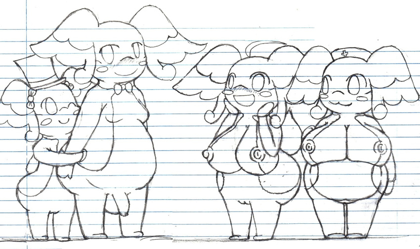 2015 ahoge audino big_breasts big_butt blush breasts butt chubby female happy hat hug huge_breasts huge_butt ilovecosmo monochrome nintendo nipples nurse nurse_hat open_mouth penis pok&eacute;mon pussy ribbons size_difference sketch team traditional_media_(artwork) video_games young