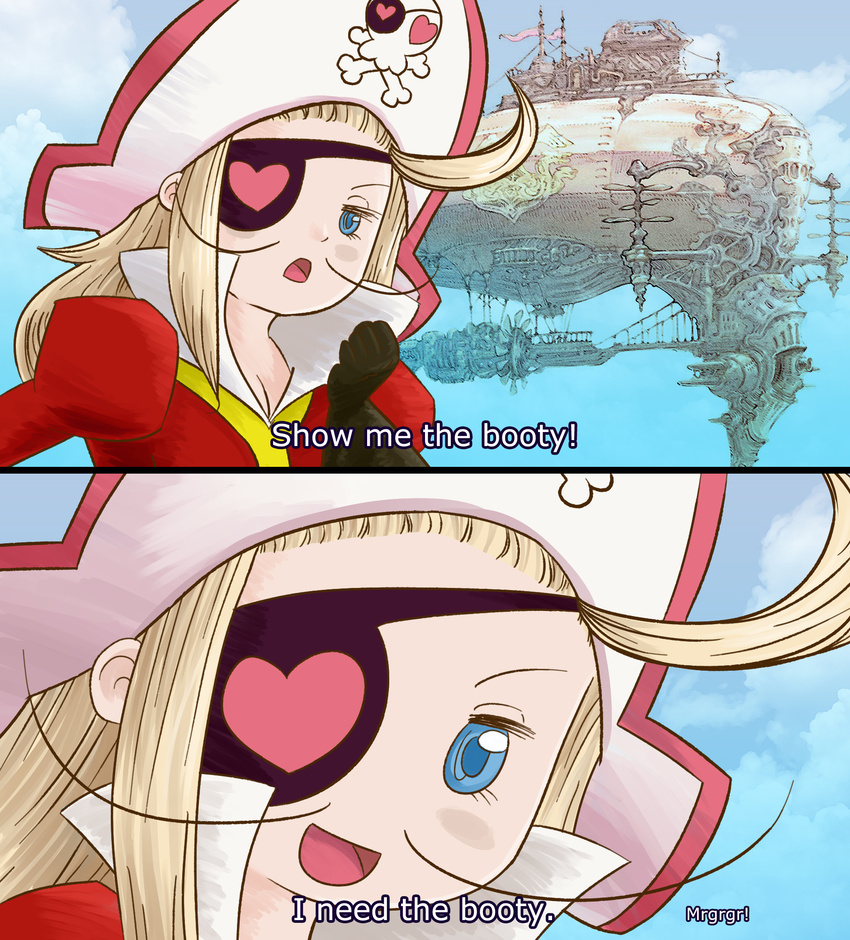 2koma ahoge aircraft airship artist_request blonde_hair blue_eyes bravely_default:_flying_fairy bravely_default_(series) breasts cleavage comic edea_lee eyepatch facial_hair hat heart highres kin-iro_mosaic looking_at_viewer meme mustache parody pirate pirate_hat skull_and_crossbones source_quote_parody