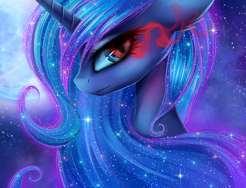 2015 blue_hair equine eye_mist female feral friendship_is_magic hair hi_res horn long_hair looking_at_viewer lyra-senpai mammal moon my_little_pony night outside princess_luna_(mlp) slit_pupils solo winged_unicorn wings