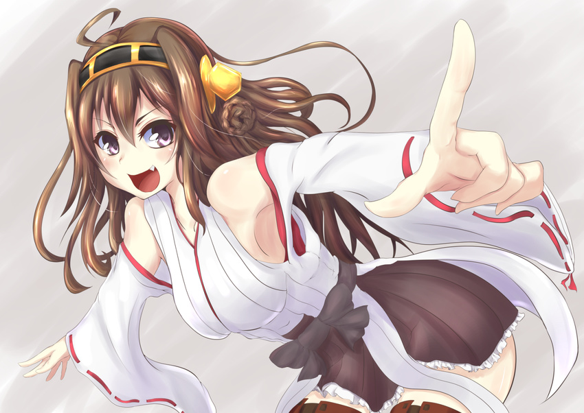ahoge breasts commentary_request detached_sleeves fang headgear highres kantai_collection kongou_(kantai_collection) large_breasts looking_at_viewer open_mouth pointing skirt solo yotunoha