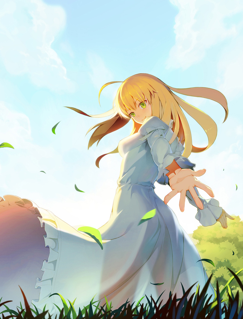 ahoge artoria_pendragon_(all) blonde_hair breasts cloud day dress fate/stay_night fate_(series) foreshortening grass green_eyes hair_down highres long_hair medium_breasts outdoors saber see-through_silhouette sky smile solo sundress vmax-ver