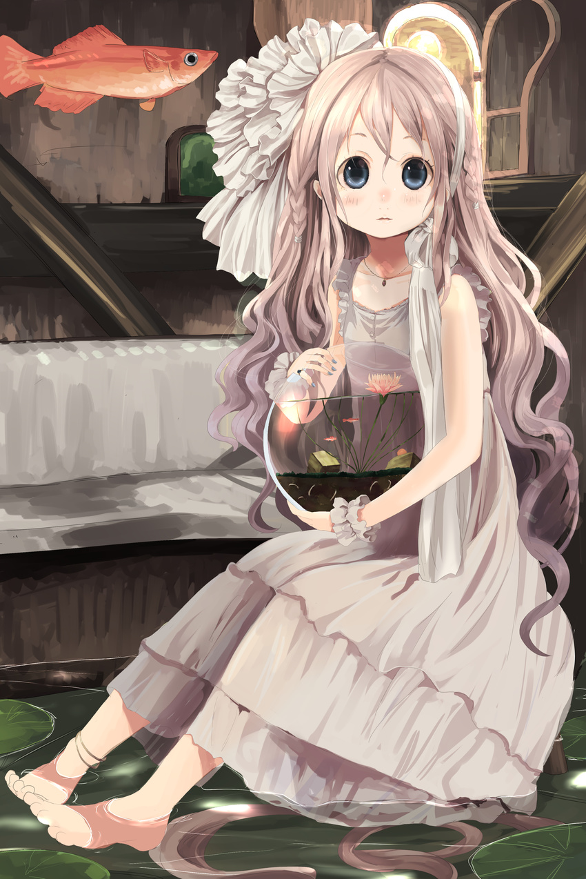 absurdres anklet barefoot blue_eyes braid brown_hair dress fish fishbowl goldfish hair_ornament hairband highres jewelry long_hair looking_at_viewer necklace original ring shiro_(octet) sitting sleeveless sleeveless_dress soaking_feet solo twin_braids very_long_hair water