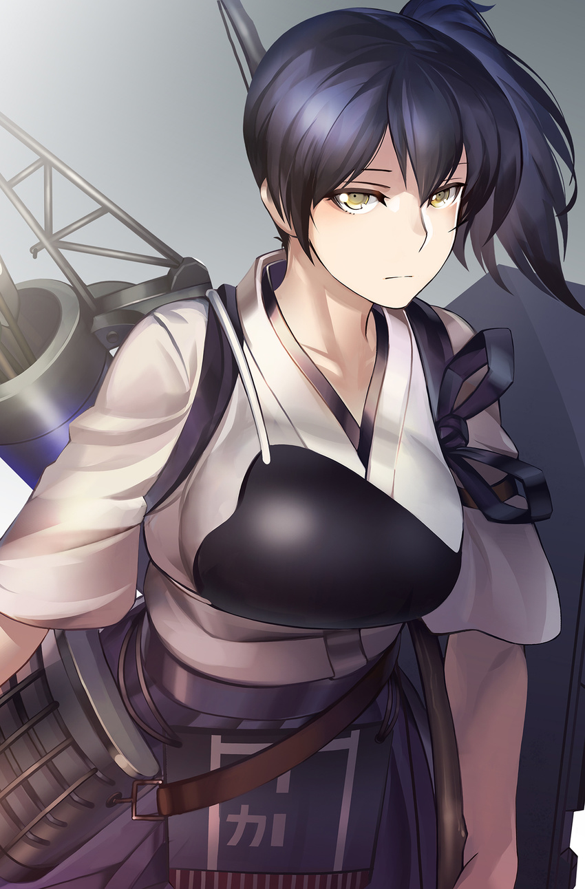 breasts brown_eyes brown_hair collarbone donarudo gradient gradient_background grey_background highres japanese_clothes kaga_(kantai_collection) kantai_collection large_breasts looking_at_viewer muneate quiver serious side_ponytail solo tasuki upper_body