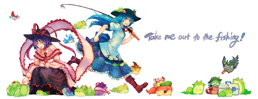 :3 bird blue_hair boots bow capelet cirno closed_eyes commentary cross-laced_footwear dress engrish fishing_rod flandre_scarlet food frills fruit fujiwara_no_mokou fujiwara_no_mokou_(phoenix) full_body grin hat hat_ribbon highres hinanawi_tenshi hong_meiling kaenbyou_rin kamishirasawa_keine_(hakutaku) kirisame_marisa komeiji_koishi lace-up_boots long_hair long_sleeves looking_at_viewer multiple_girls nagae_iku open_mouth peach puffy_sleeves purple_hair ranguage red_eyes reiuji_utsuho ribbon running shawl shirt short_hair short_sleeves simple_background skirt smile squatting sukusuku_hakutaku sun_hat tatara_kogasa terrajin text_focus touhou white_background