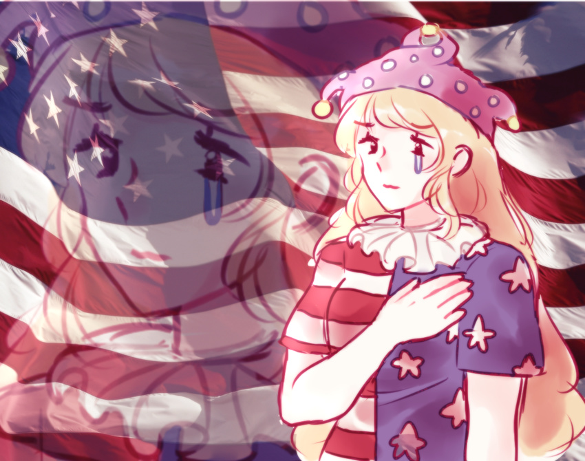 american_flag american_flag_dress bangs blonde_hair clownpiece commentary flag_background flag_print hand_over_heart hat jester_cap long_hair orz_(kagewaka) patriotism single_tear solo star striped teardrop tears touhou upper_body very_long_hair zoom_layer