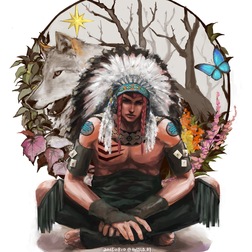 armband braid bug butterfly dated fingerless_gloves gloves headdress highres indian_style insect jojo_no_kimyou_na_bouken native_american_headdress pink_hair plant sandman_(sbr) sasamura sitting steel_ball_run tattoo tree twin_braids twitter_username warbonnet wolf