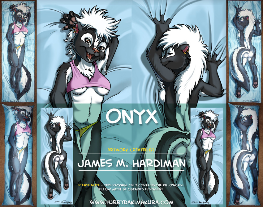 2015 advertisement anthro bed_sheet bra breasts brown_eyes butt claws clothing dakimakura_design distracting_watermark english_text female fur hair james_m_hardiman jim_hardiman looking_at_viewer lying mammal on_back onyx onyx_(jmh) open_mouth panties pawpads paws piercing pillowcase skunk smile solo text underwear watermark white_hair