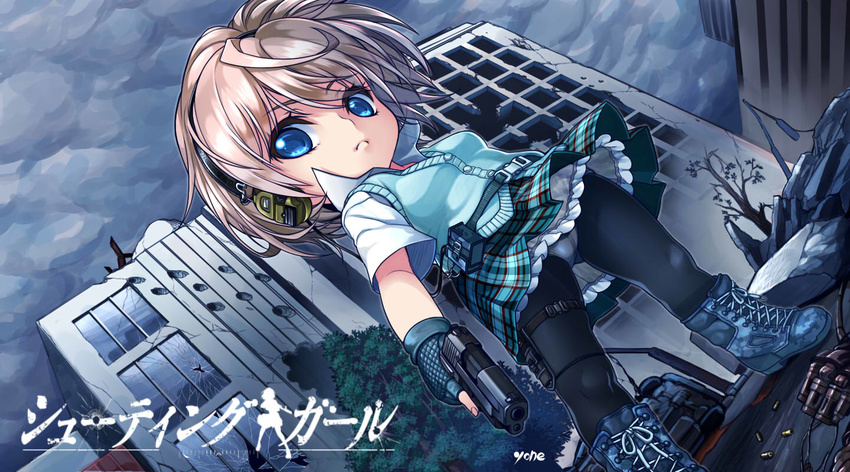 artist_name blue_eyes broken_window chibi cloud cloudy_sky fingerless_gloves gloves gun handgun headset looking_at_viewer panties panties_under_pantyhose pantyhose pistol plaid plaid_skirt rubble ruins school_uniform shell_casing shiguchi_sou_(shooting_girl) shooting_girl sig_sauer sig_sauer_p226 skirt sky solo sweater_vest trigger_discipline underwear weapon yone_(qtron)