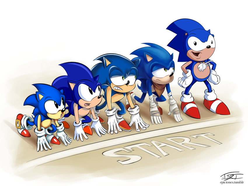 clothing derp epictones gloves group hedgehog male mammal medallion scarf sonic_(series) sonic_boom sonic_the_hedgehog sonic_underground square_crossover standing style_parody