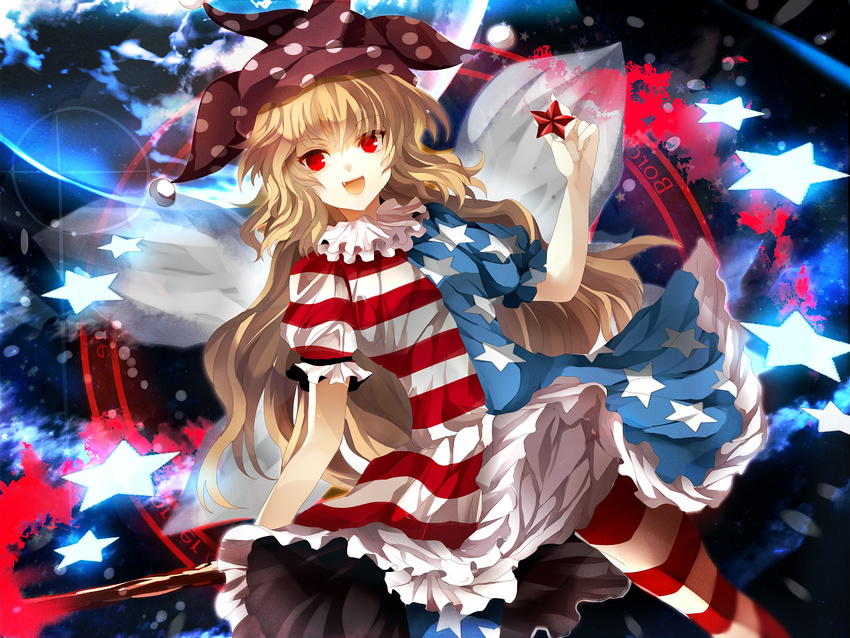 american_flag_dress bad_id bad_pixiv_id blonde_hair clownpiece fairy fairy_wings fang full_moon hat jester_cap long_hair looking_at_viewer moon open_mouth red_eyes slit_pupils solo star striped torch touhou wings yen_(ibukinari)