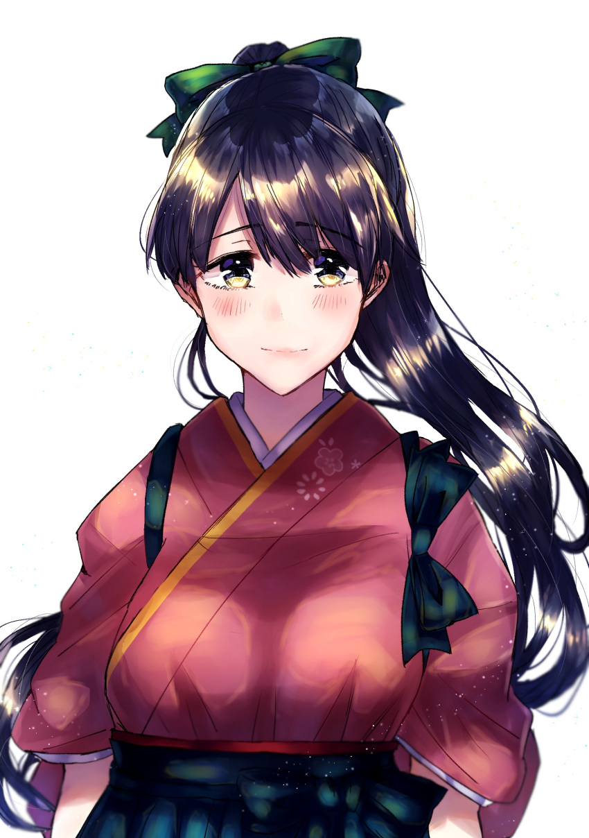 1girl absurdres blue_hair blush breasts green_ribbon hair_ribbon hakama highres houshou_(kantai_collection) japanese_clothes kantai_collection kimono long_hair looking_at_viewer medium_breasts mochiko_(mocchikkoo) pink_kimono ponytail ribbon simple_background smile solo tasuki upper_body white_background yellow_eyes