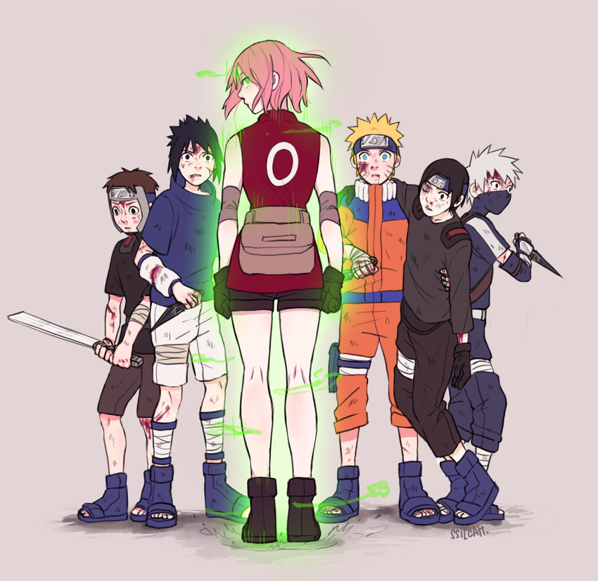 5boys aura bandaged_arm bandaged_leg bandages black_gloves black_hair blood blush bruise clenched_hands commentary detached_sleeves english_commentary face_mask forehead_protector gloves grey_background hand_wraps haruno_sakura hatake_kakashi highres injury jumpsuit konohagakure_symbol kunai looking_back mask multiple_boys naruto naruto_(series) naruto_shippuuden open_toe_shoes pink_hair reverse_grip sai_(naruto) shivi_martin shoes short_hair short_sword shorts silver_hair solo_focus sword time_paradox uchiha_sasuke uzumaki_naruto weapon yamato_(naruto) you_gonna_get_raped younger