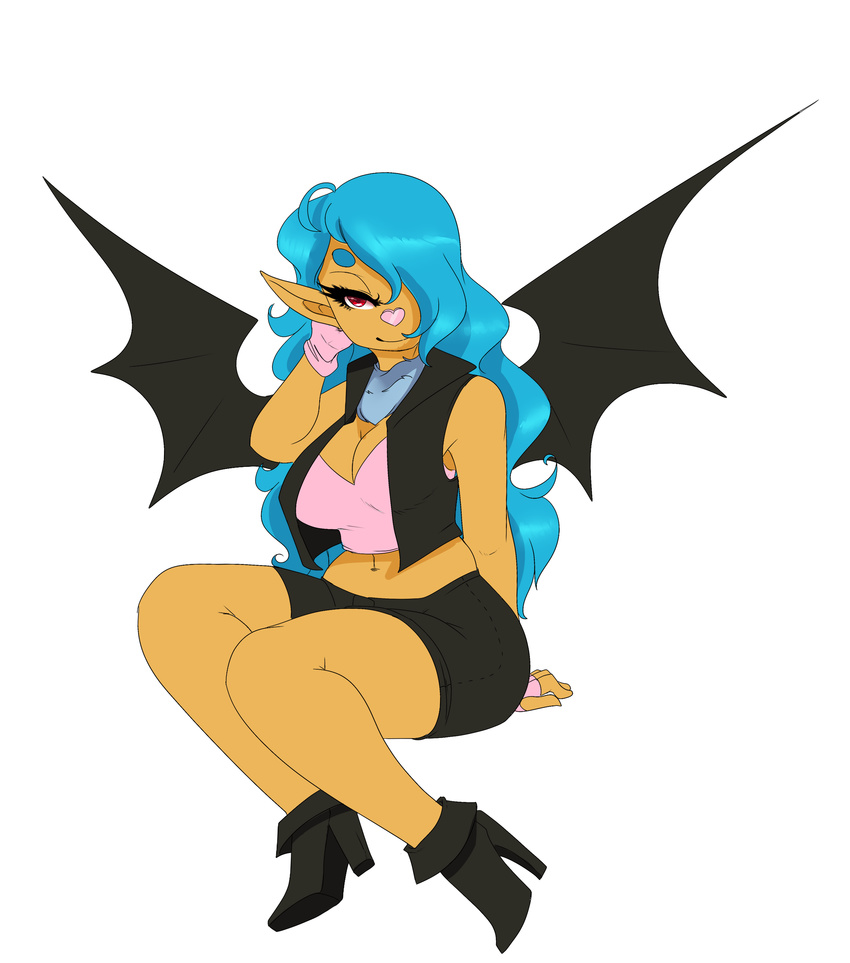 2015 anthro anthrofied bat big_breasts blue_hair boots breasts cleavage clothed clothing delphina_(character) footwear hair long_hair mammal micki nintendo pok&eacute;mon red_hair shiny_pok&eacute;mon simple_background swoobat video_games white_background wings