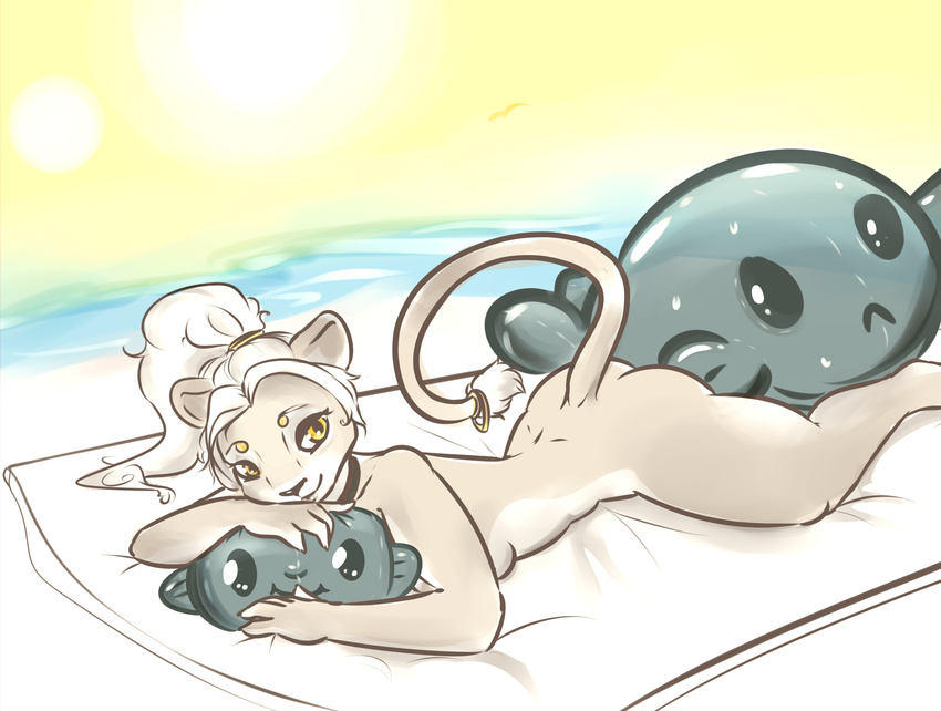 anthro beach breasts butt collar feline female inflatable invalid_color invalid_tag keeroh keeroh(lioness) lion looking_at_viewer lying mammal nude on_front ponytail pool_toy seaside simple_background smile solo sunbath sunbathing thick_thighs toy water yellow_eyes